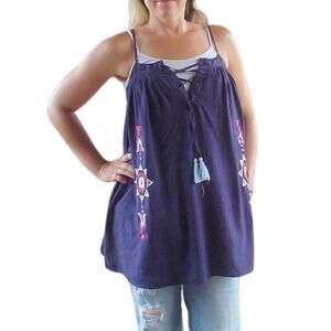 Re:named embroidered lace up dress navy blue small